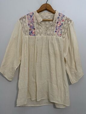 Cream Embroidered Lace Yoke Tunic Top Floral Feminine Cottagecore Fairy Boho